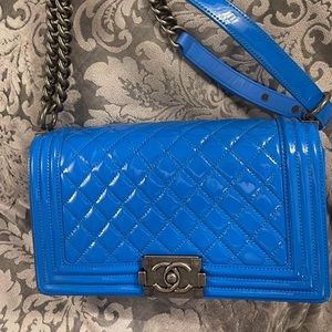 CHANEL bright sky blue patent medium diamond quilted boy bag